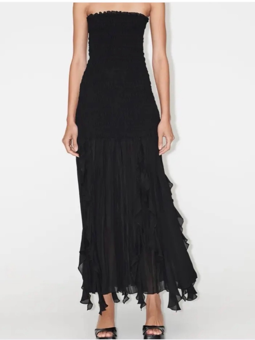 Zara Black Strapless Smocked Ruffle-Hem Maxi Dress